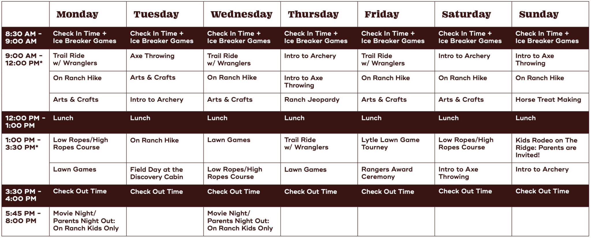 Kids Activities Schedule
